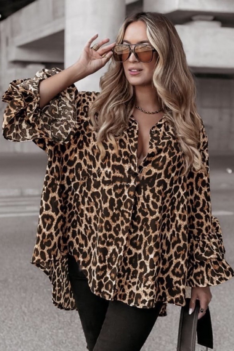 Πουκάμισο oversized animal print - Καφέ