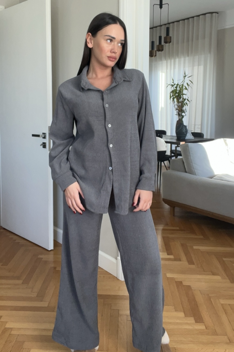 Σετ Oversized Παντελόνι Με Πουκάμισο Κοτλέ - Γκρι