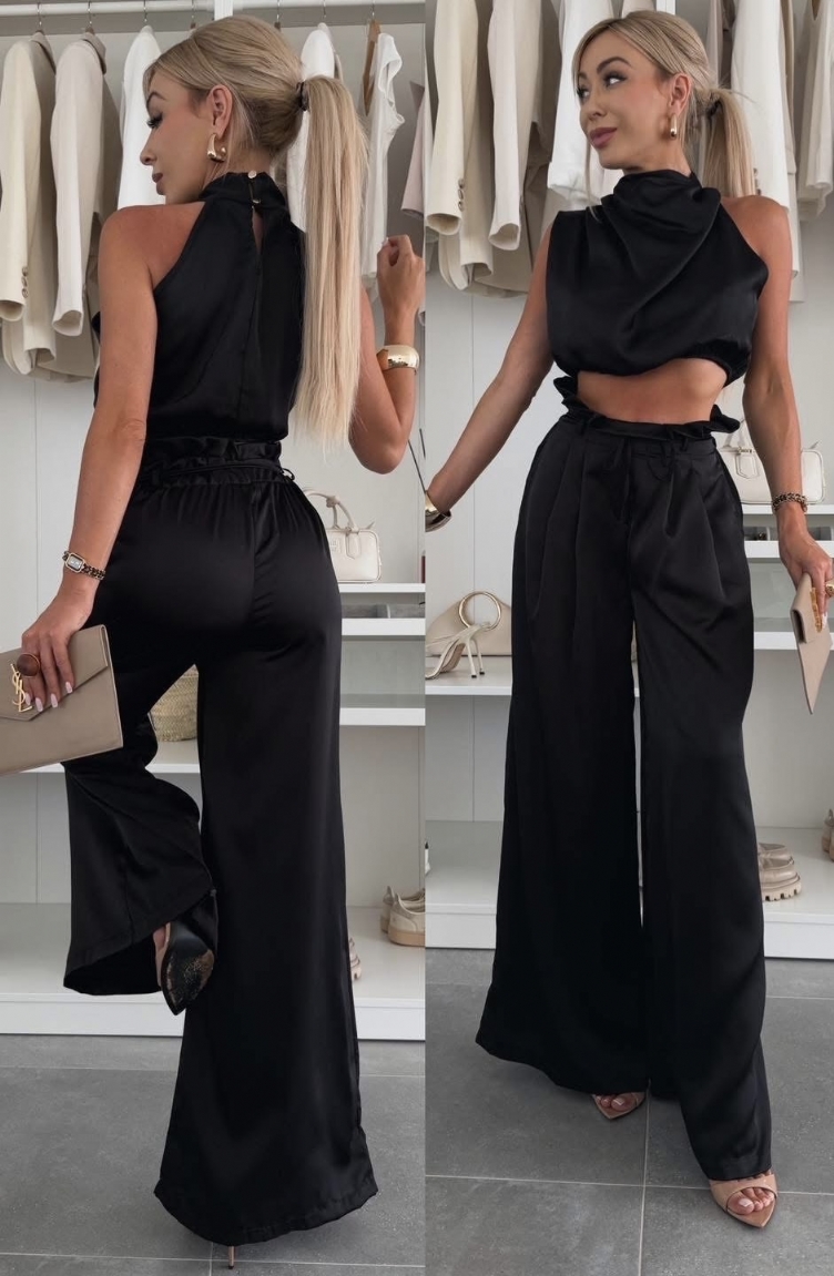 Σετ Σατέν Παντελόνι & Crop Top - Μαύρο