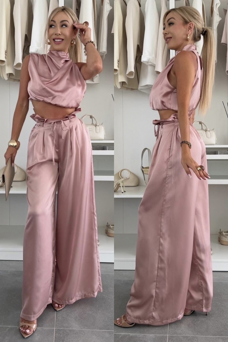 Σετ Σατέν Παντελόνι & Crop Top - Ροζ