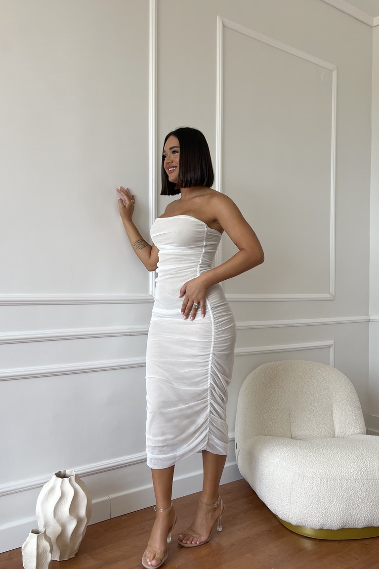 Φόρεμα Strapless Midi Στενό - Λευκό