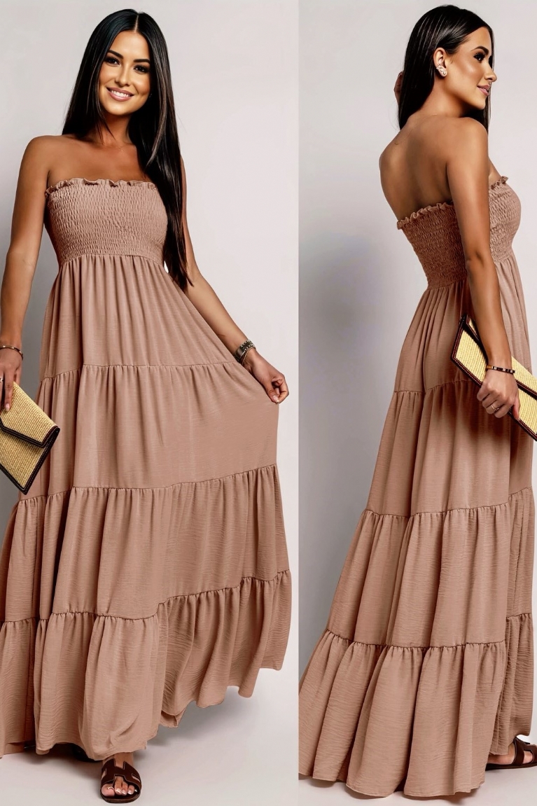 Φόρεμα Μακρύ Strapless Σε Άλφα Γραμμή - Μπεζ