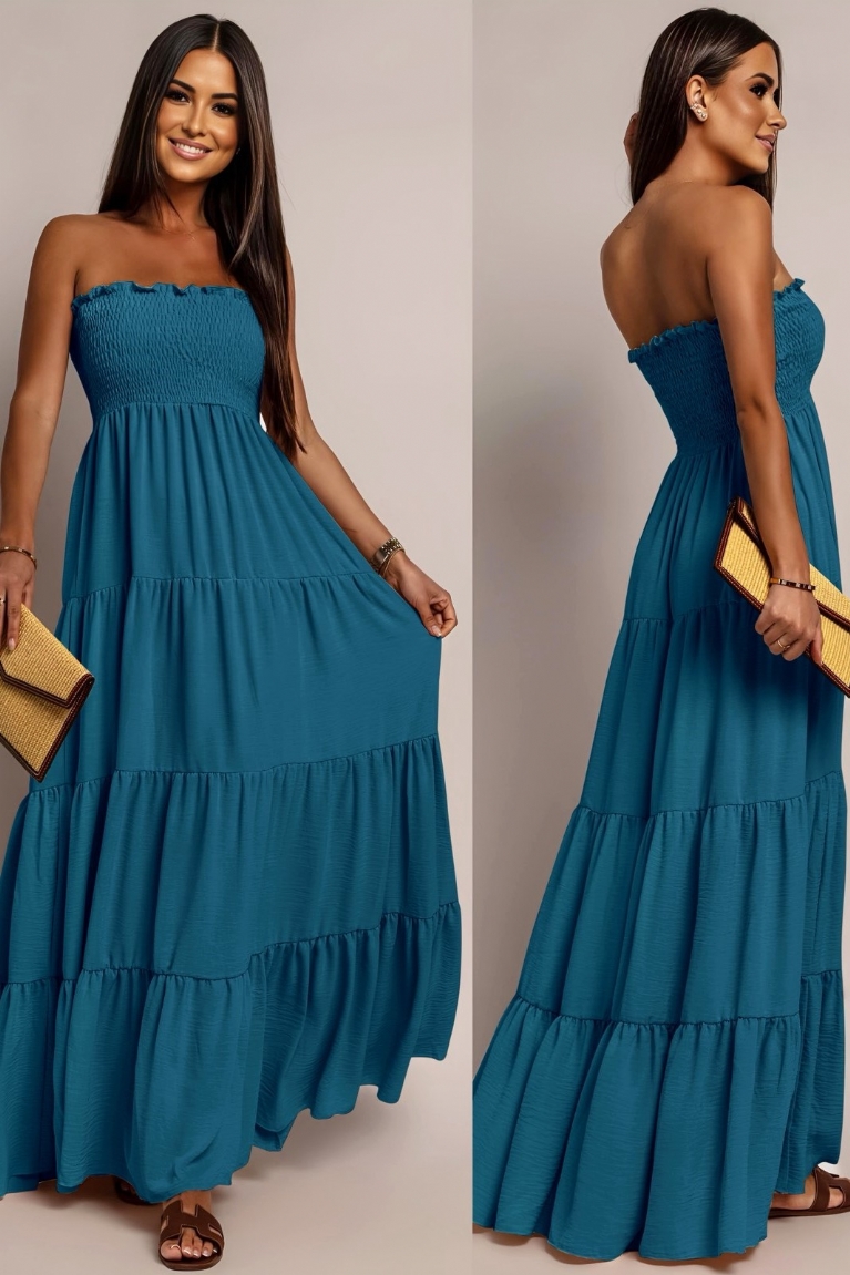 Φόρεμα Μακρύ Strapless Σε Άλφα Γραμμή - Μπλε