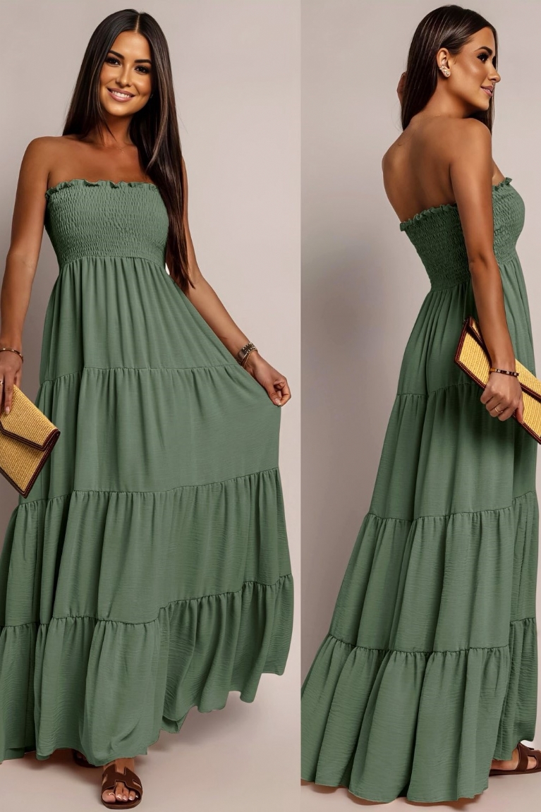 Φόρεμα Μακρύ Strapless Σε Άλφα Γραμμή - Χακί
