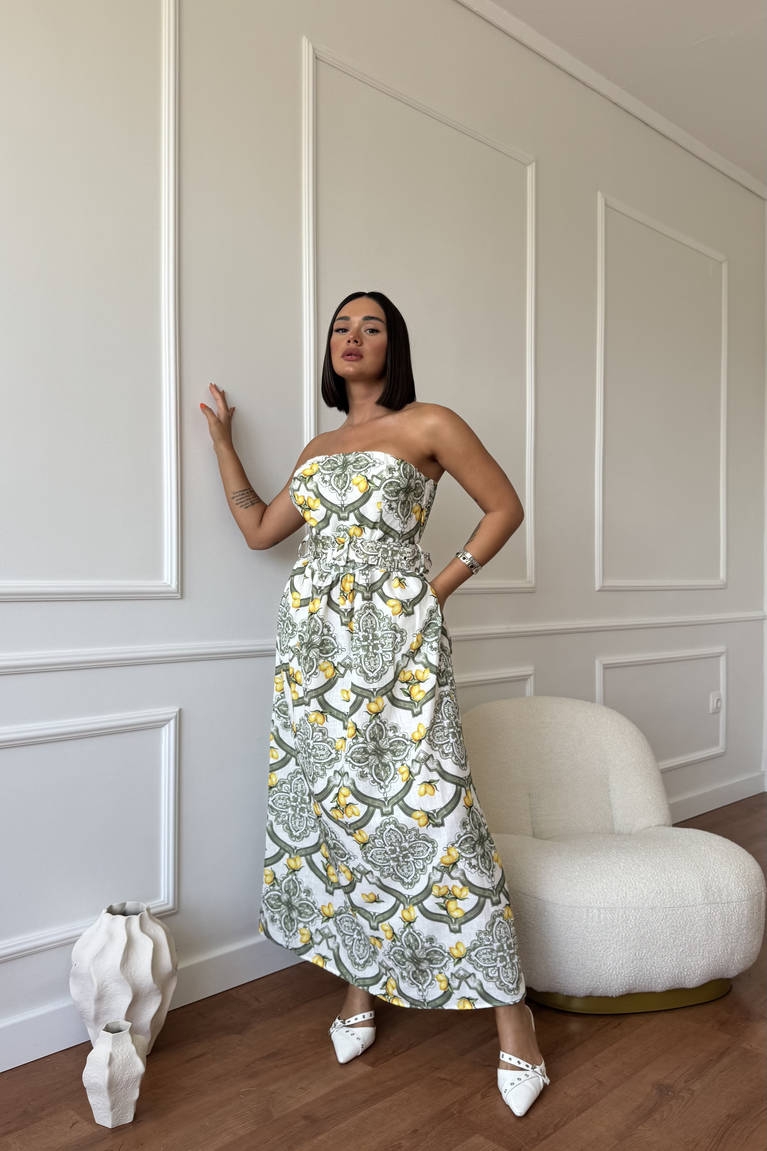 Φόρεμα Strapless Εμπριμέ Μακρύ - Χακί