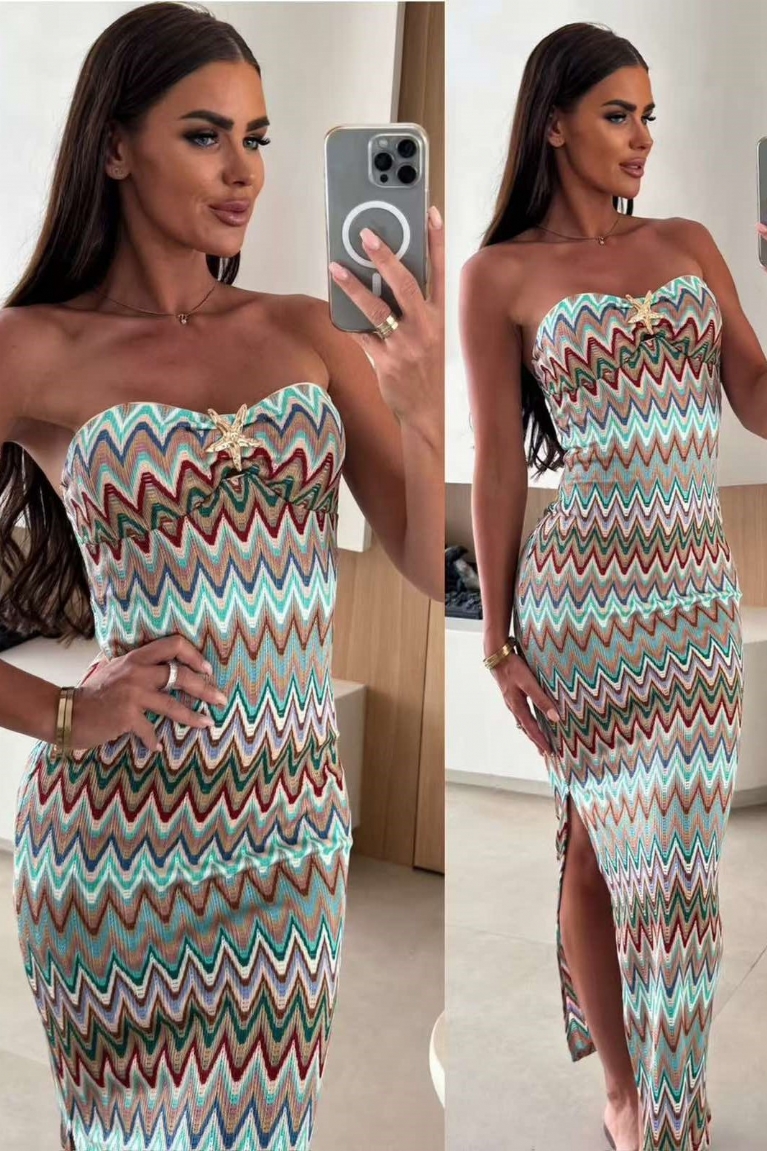 Φόρεμα Ριπ Strapless Με Χρυσή Λεπτομέρεια - Φυστικί