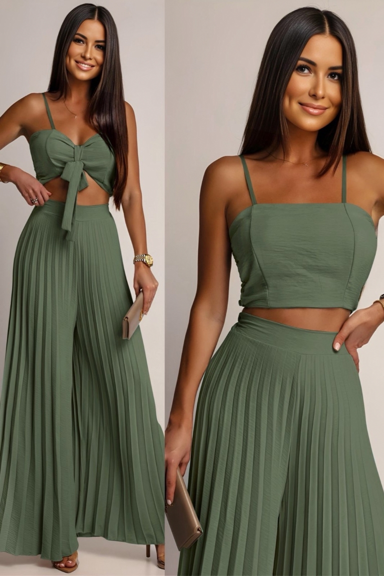 Σετ Crop Top Τιράντα Με Δέσιμο & Παντελόνα - Χακί