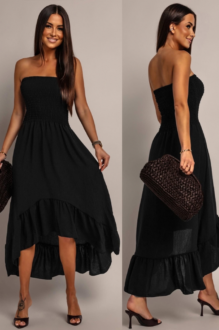 Φόρεμα Strapless Ασύμμετρο Σε Άλφα Γραμμή - Μαύρο