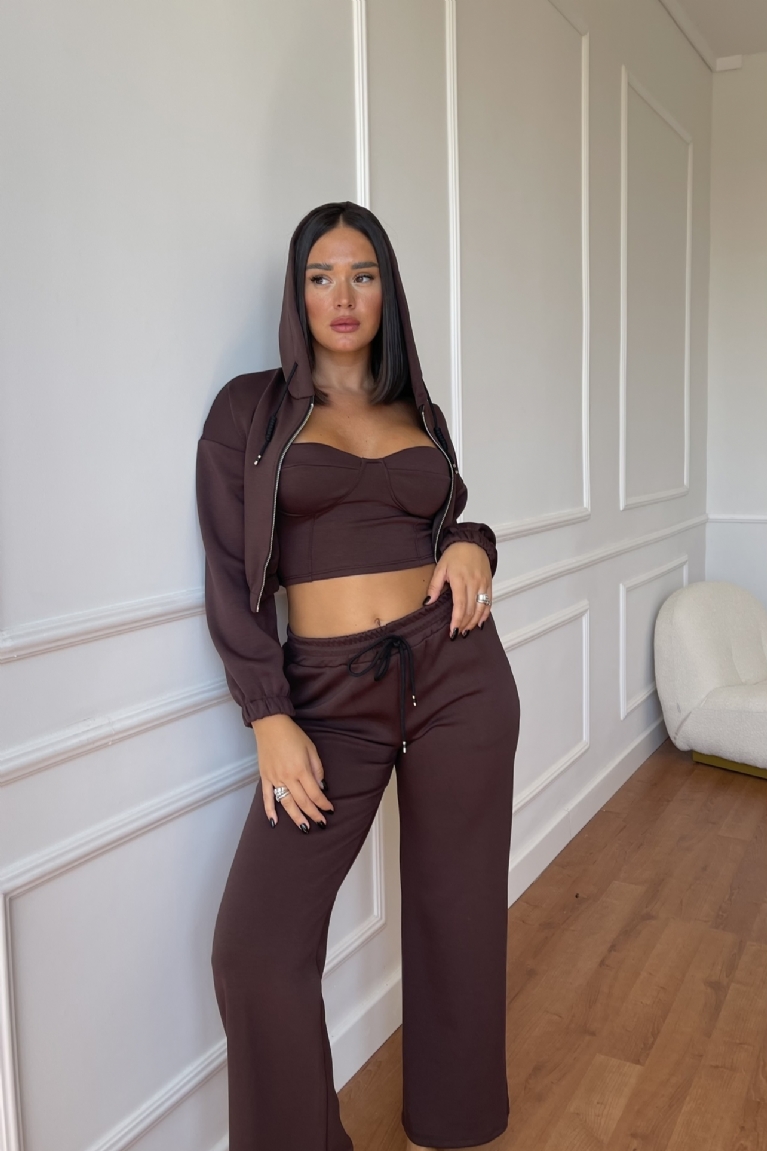 Σετ Ζακέτα Με Κουκούλα Strapless Top  & Παντελόνι - Καφέ