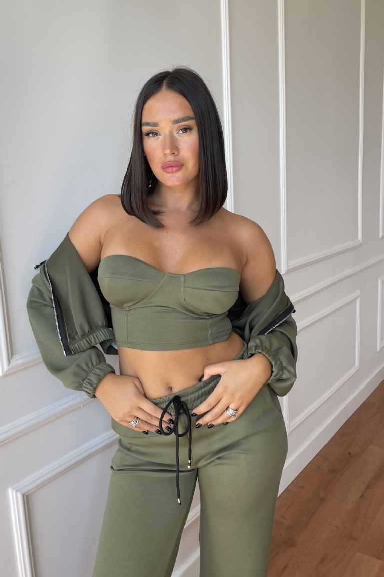 Σετ Ζακέτα Με Κουκούλα Strapless Top  & Παντελόνι - Χακί