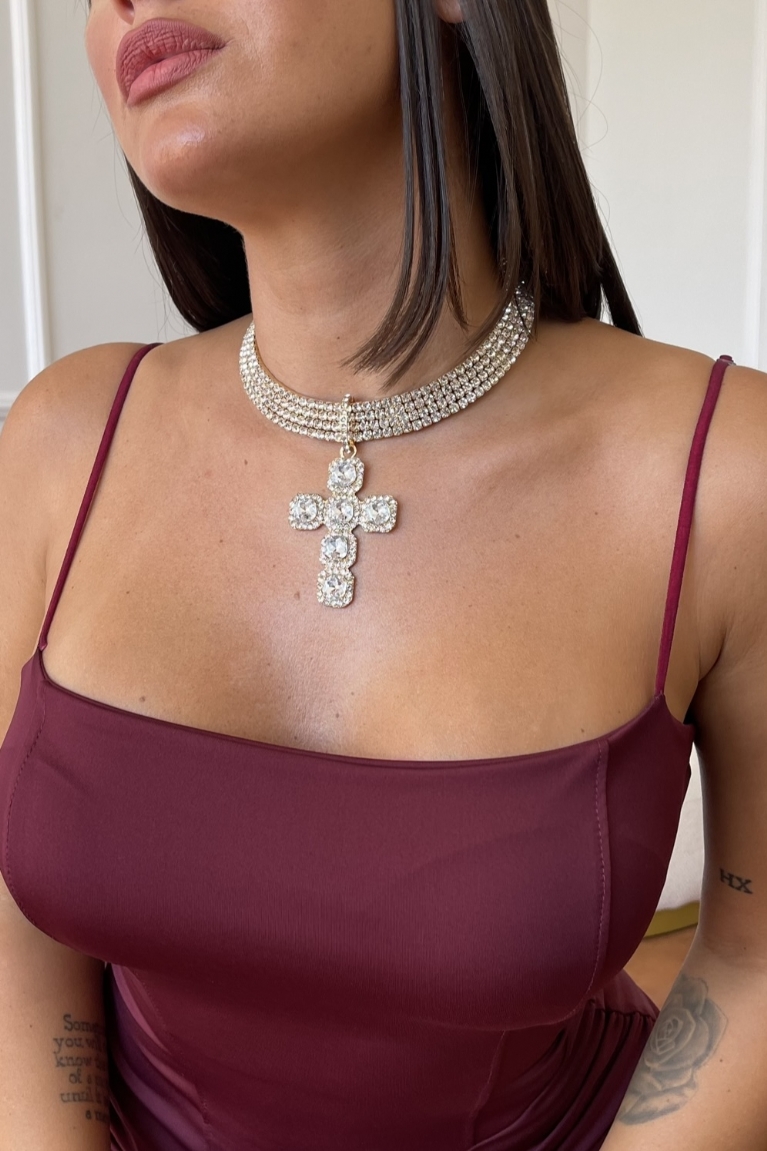 Κολιέ Choker Mε Strass & Σταυρό - Χρυσό