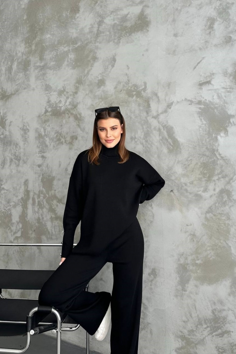 Σετ Μπλούζα Πλεκτή Oversize Ζιβάγκο & Παντελόνα Με Κορδόνι - Μαύρο