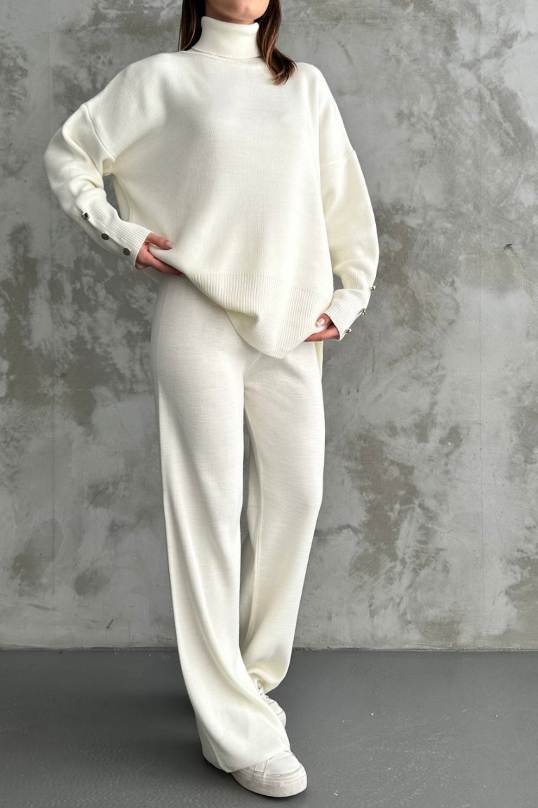 Σετ Μπλούζα Πλεκτή Oversize Ζιβάγκο & Παντελόνα Με Κορδόνι - Λευκό