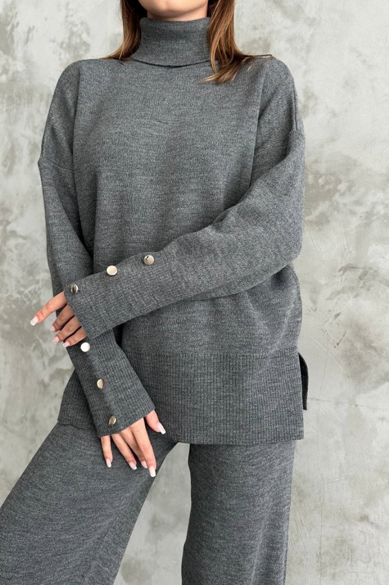 Σετ Μπλούζα Πλεκτή Oversize Ζιβάγκο & Παντελόνα Με Κορδόνι - Γκρι