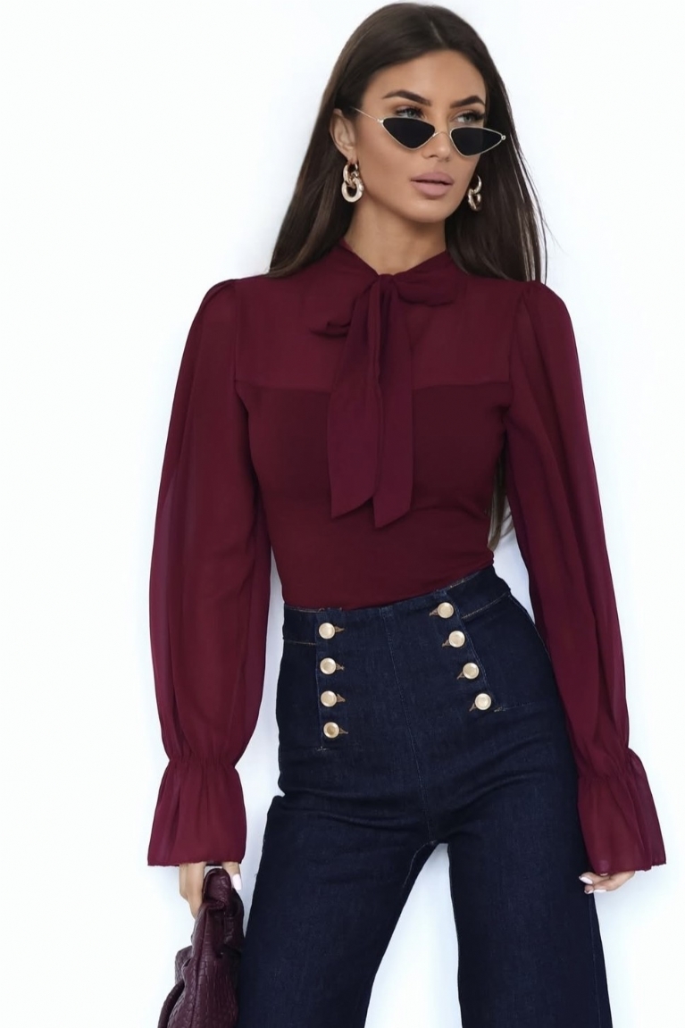 Μπλούζα Μακρυμάνικη Με Διαφάνεια & Δέσιμο Στον Λαιμό - Μπορντό‎
