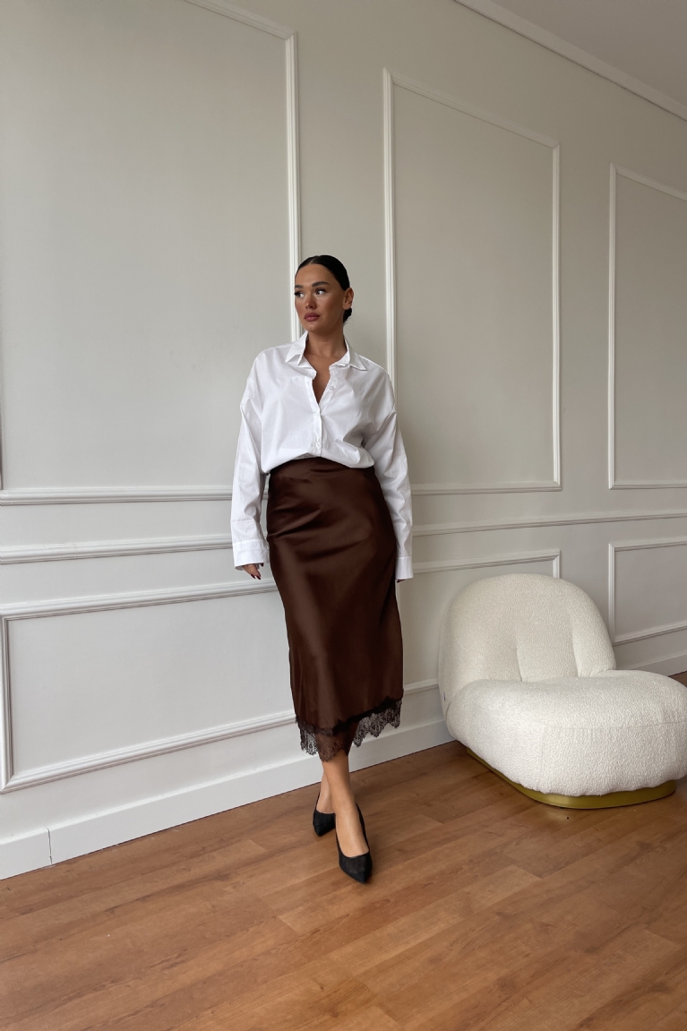 Φούστα Σατεν Με Δαντέλα - Καφέ