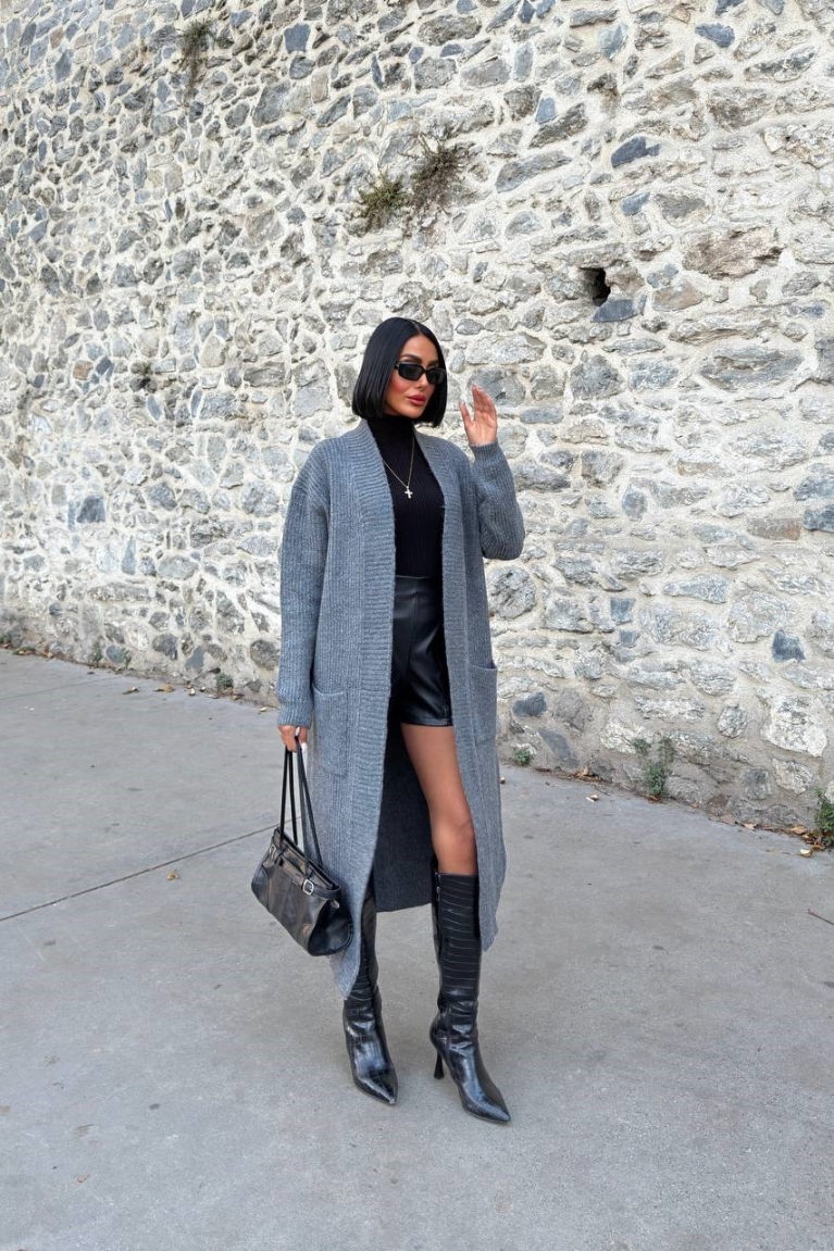 Ζακέτα Μακρυά Πλεκτή Με Τσέπες - Γκρι