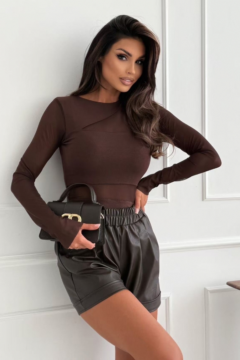 Κορμάκι Μακρυμάνικο Με Διαφάνειες - Καφέ