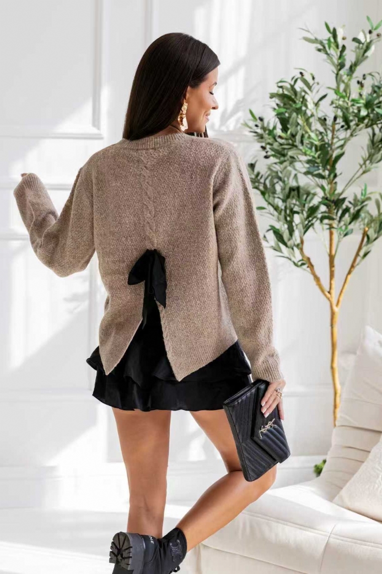 Μπλούζα Πλεκτή Με Σχέδιο Στην Πλάτη & Φιόγκο - Καφέ Πούρου