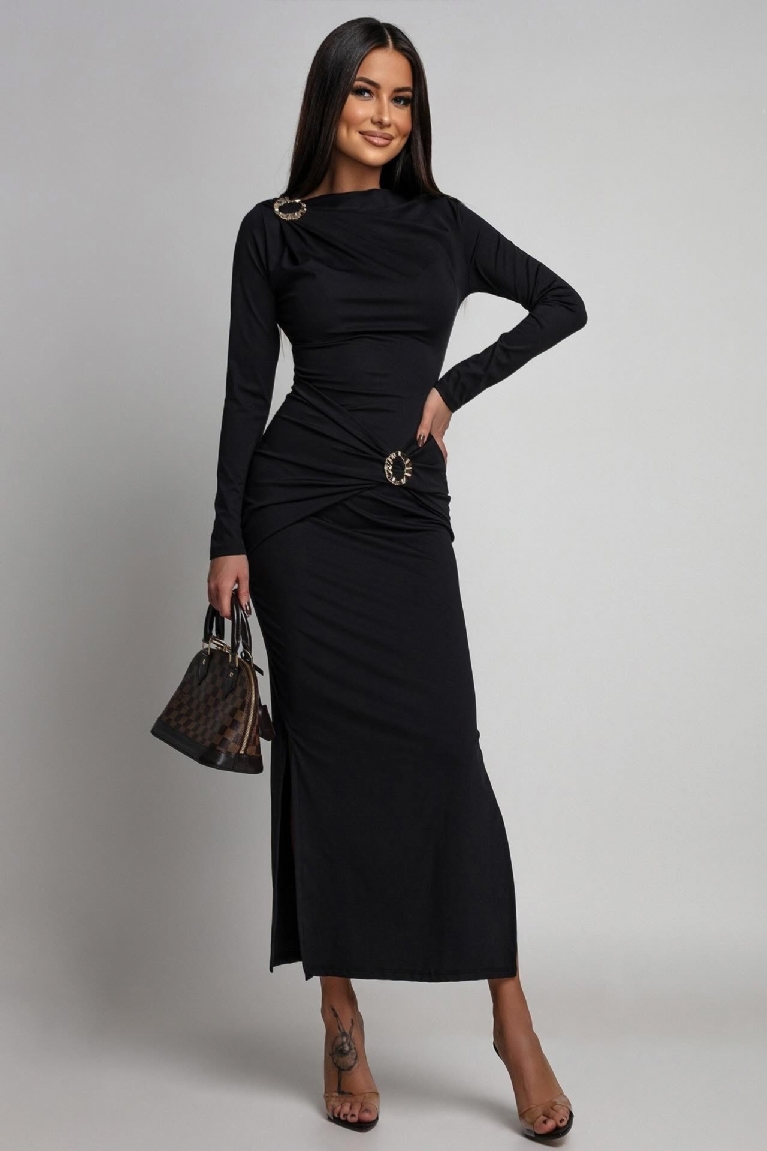 Φόρεμα Μακρυμάνικο Με Χρυσές Λεπτομέρειες & Άνοιγμα - Μαύρο