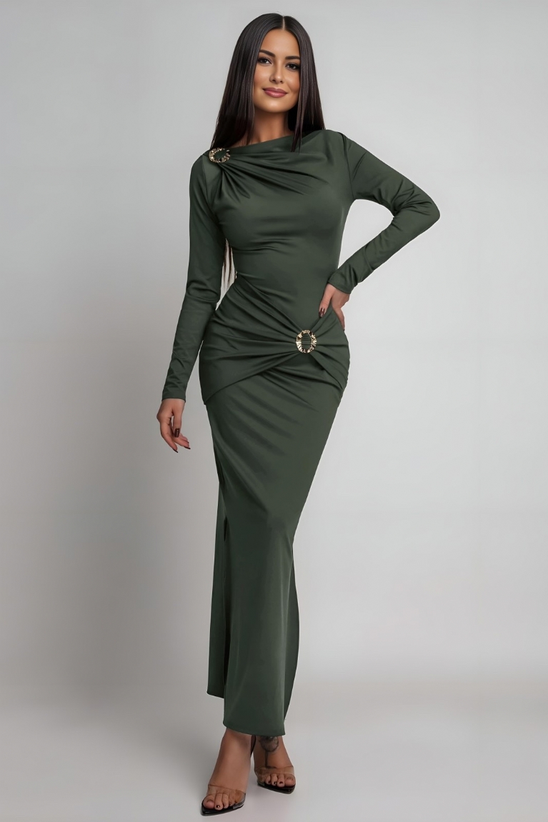 Φόρεμα Μακρυμάνικο Με Χρυσές Λεπτομέρειες & Άνοιγμα - Χακί