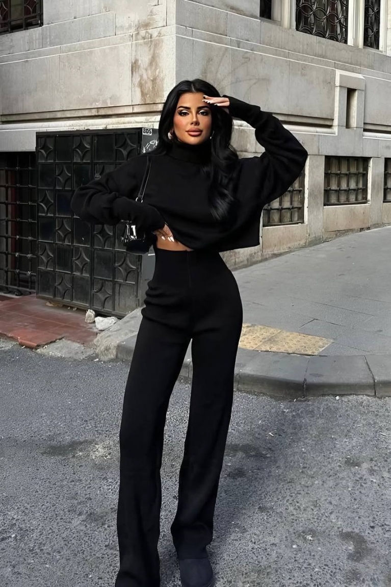 Σετ Πλεκτή Μπλούζα Ζιβάγκο & Παντελόνι - Μαύρο