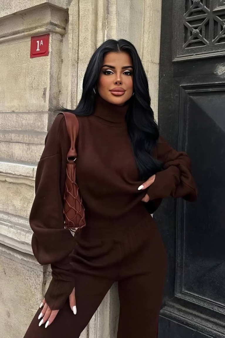 Σετ Πλεκτή Μπλούζα Ζιβάγκο & Παντελόνι - Καφέ