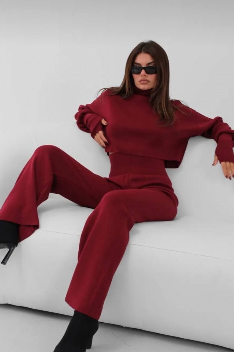 Σετ Πλεκτή Μπλούζα Ζιβάγκο & Παντελόνι - Μπορντό‎