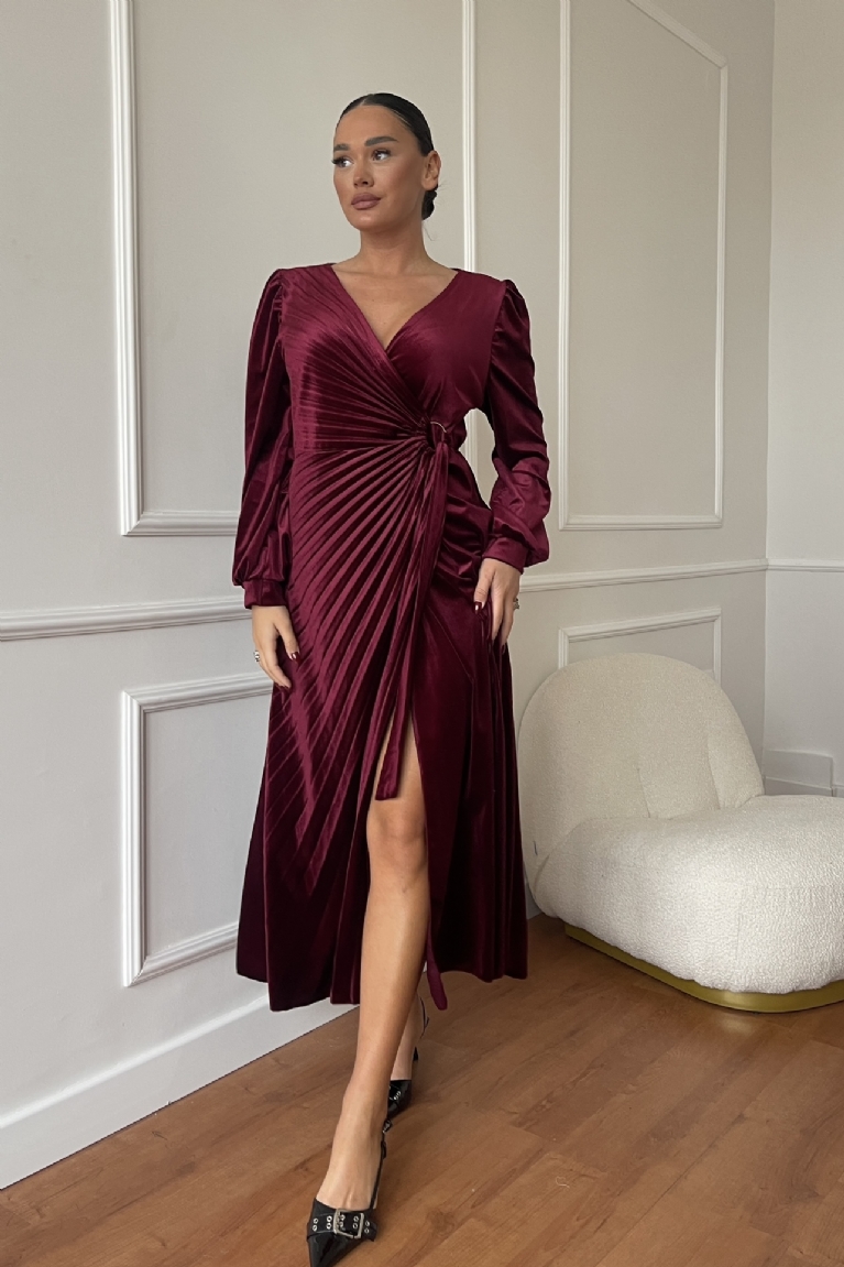 Φόρεμα Βελουτέ Κρουαζέ Με Άνοιγμα - Μπορντό‎