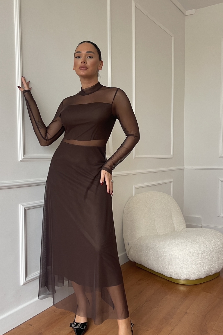 Φόρεμα Μακρύ Με Διαφάνειες - Καφέ