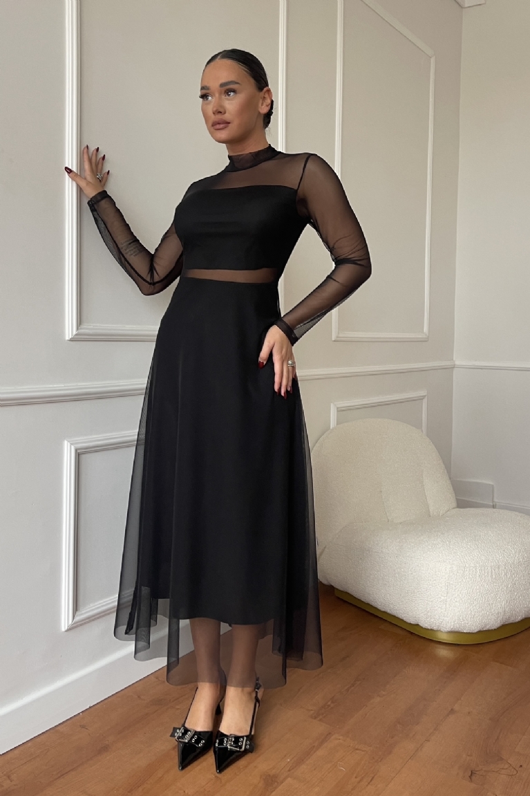 Φόρεμα Μακρύ Με Διαφάνειες - Μαύρο