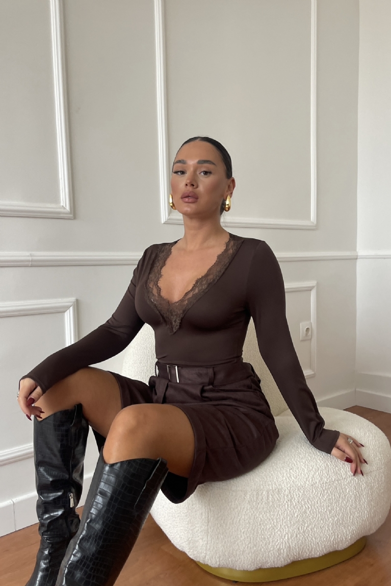 Κορμάκι ΜακρυμάνικΟ Με Δαντέλα - Καφέ