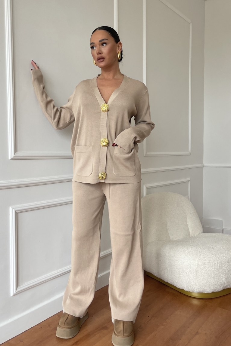 Σετ Πλεκτή Ζακέτα Με Κουμπιά & Παντελόνι - Μπεζ