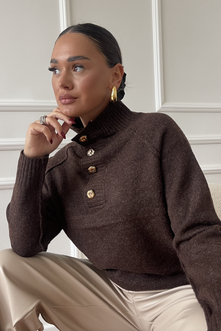 Μπλούζα Πλεκτή Ζιβάγκο Με Κουμπιά - Καφέ