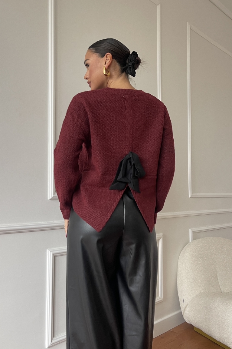 Μπλούζα Πλεκτή Με Σχέδιο Στην Πλάτη & Φιόγκο - Μπορντό‎