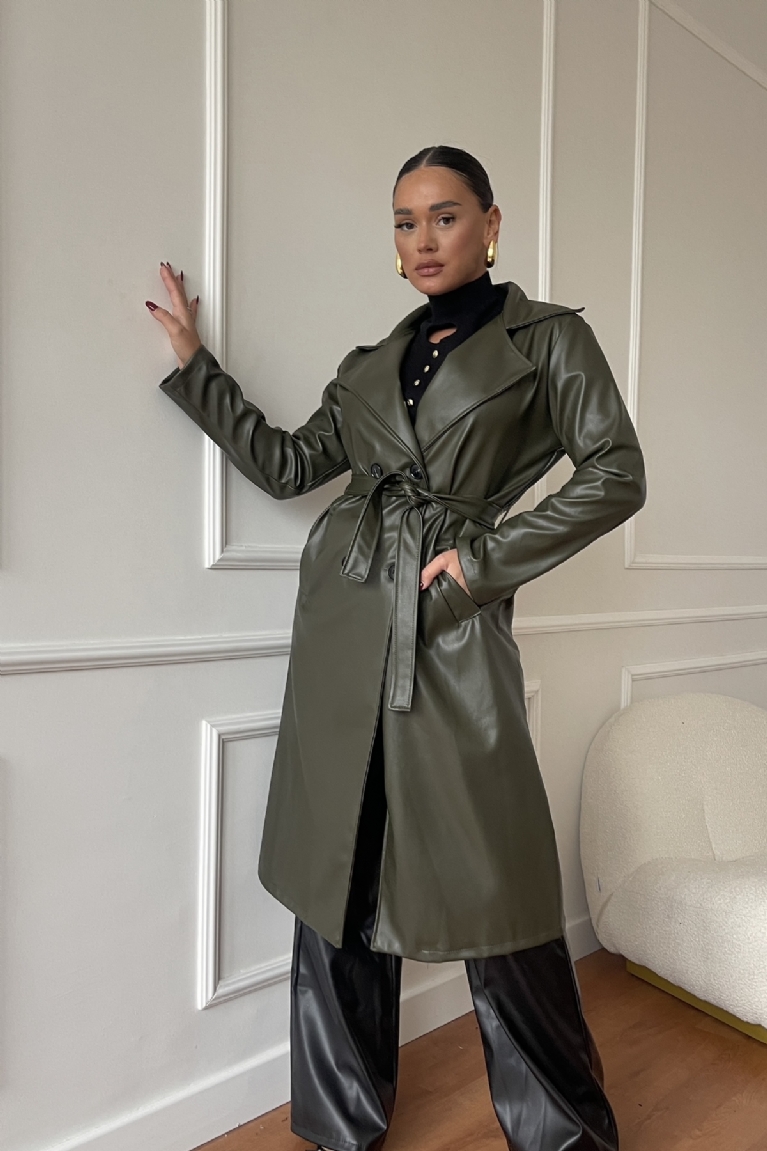 Προϊόν: Δερμάτινη Καμπαρντίνα Με Ζώνη & Κουμπιά - Χακί Δερμάτινη Καμπαρντίνα Με Ζώνη & Κουμπιά - Χακί