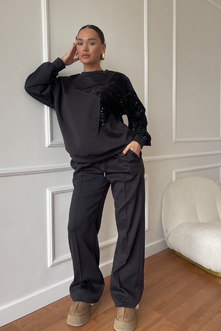 Προϊόν: Σετ Φούτερ Μπλούζα Με Σχέδιο Παγέτα & Παντελόνα - Μαύρο Σετ Φούτερ Μπλούζα Με Σχέδιο Παγέτα & Παντελόνα - Μαύρο