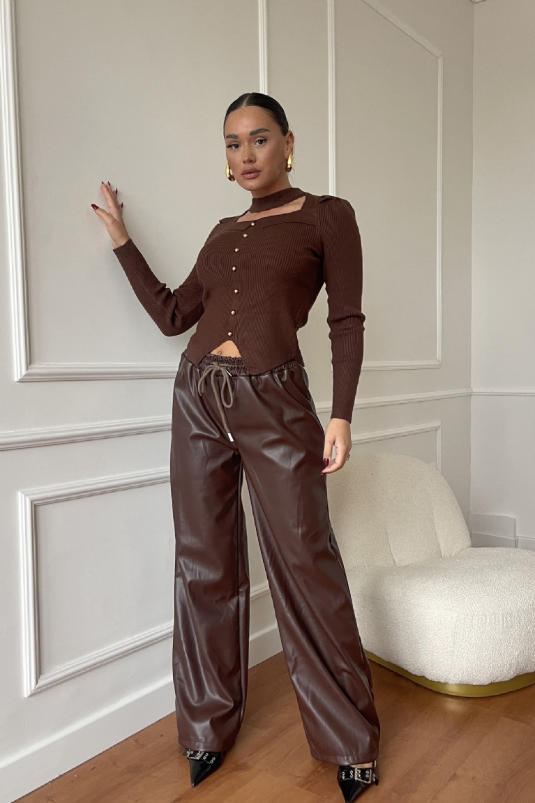 Προϊόν: Παντελόνα Δερματίνη Με Λάστιχο & Κορδόνι - Καφέ Παντελόνα Δερματίνη Με Λάστιχο & Κορδόνι - Καφέ