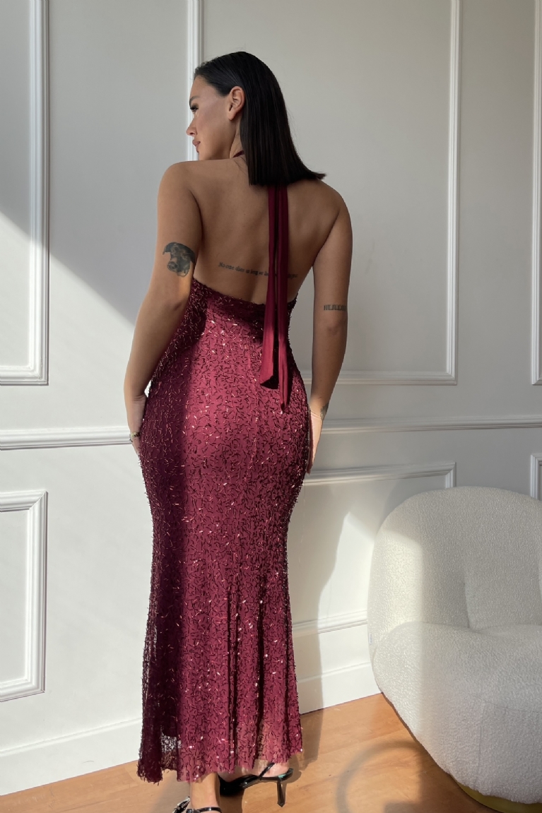 Προϊόν: Φόρεμα Παγιέτα Μακρύ Με Δέσιμο Στο Λαιμό - Μπορντό Φόρεμα Παγιέτα Μακρύ Με Δέσιμο Στο Λαιμό - Μπορντό