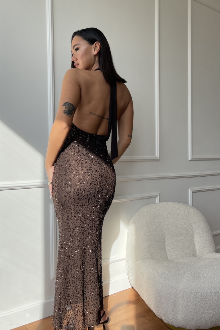 Προϊόν: Φόρεμα Παγιέτα Μακρύ Με Δέσιμο Στο Λαιμό - Καφέ Φόρεμα Παγιέτα Μακρύ Με Δέσιμο Στο Λαιμό - Καφέ