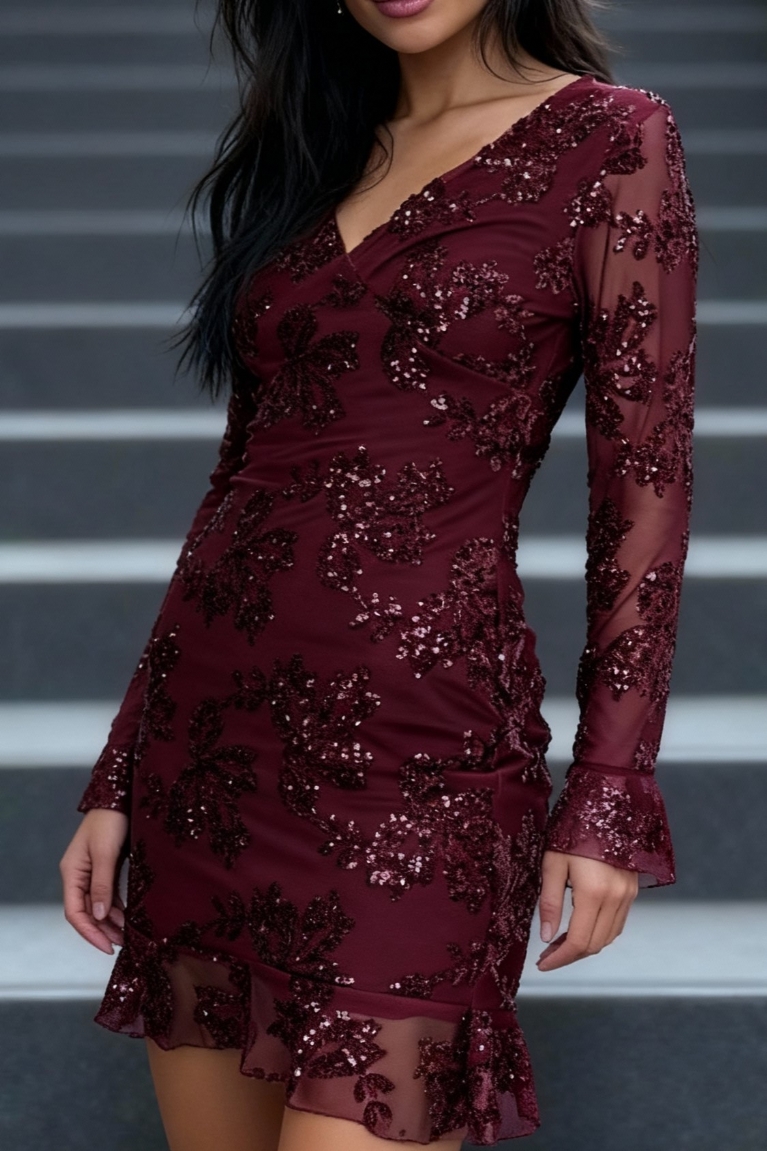 Φόρεμα Μακρυμάνικο Mini Με Παγιέτες & Διαφάνεια - Μπορντό‎
