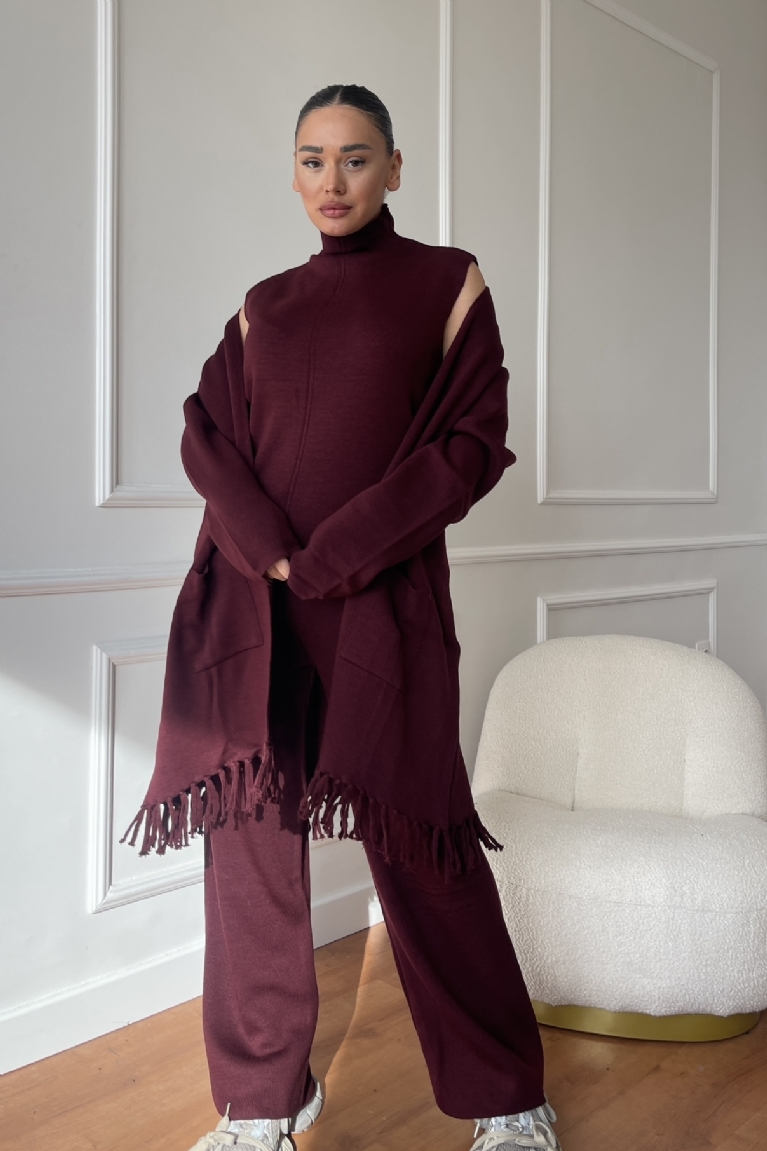 Προϊόν: Σετ Πλεκτή Αμάνικη Μπλούζα Με Παντελόνα & Ζακέτα Με Κρόσια - Μπορντό Σετ Πλεκτή Αμάνικη Μπλούζα Με Παντελόνα & Ζακέτα Με Κρόσια - Μπορντό