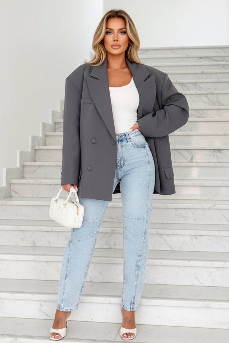 Blazer Oversized με κουμπιά - Γκρι ανθρακί