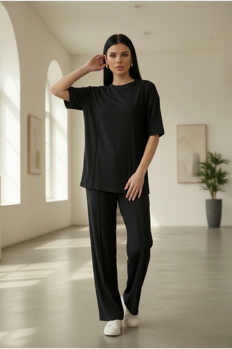 Σετ Φόρμας με Κοντομάνικη Μπλούζα & Παντελόνα με Νερβίρ - Μαύρο