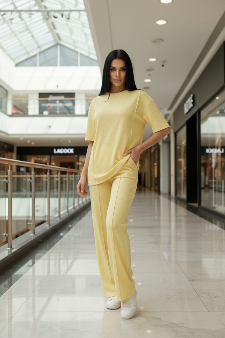 Σετ Φόρμας με Κοντομάνικη Μπλούζα & Παντελόνα με Νερβίρ - Κίτρινο