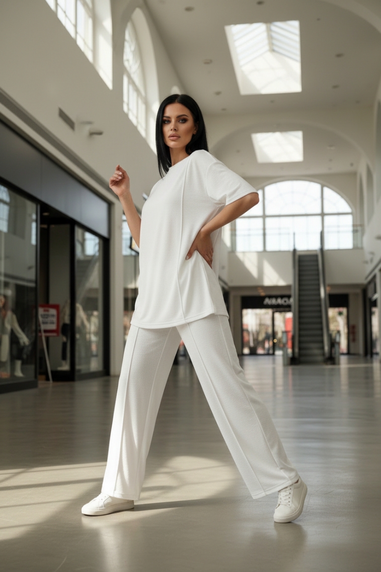 Σετ Φόρμας με Κοντομάνικη Μπλούζα & Παντελόνα με Νερβίρ - Λευκό