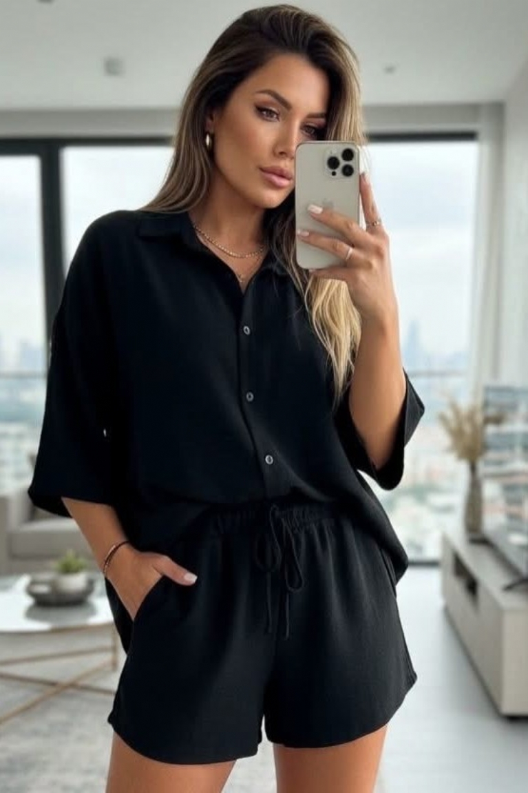 Σετ Πουκάμισο-Σορτς Μονόχρωμο - Μαύρο