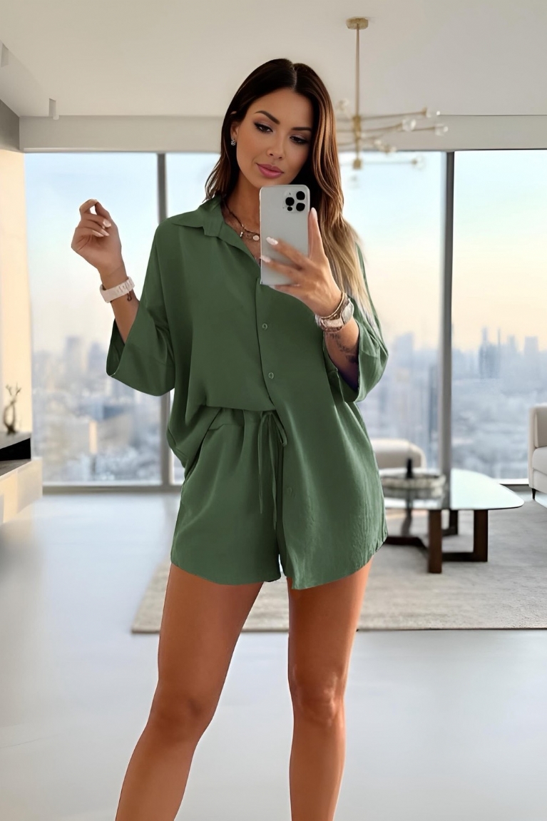 Σετ Πουκάμισο-Σορτς Μονόχρωμο - Λαδί