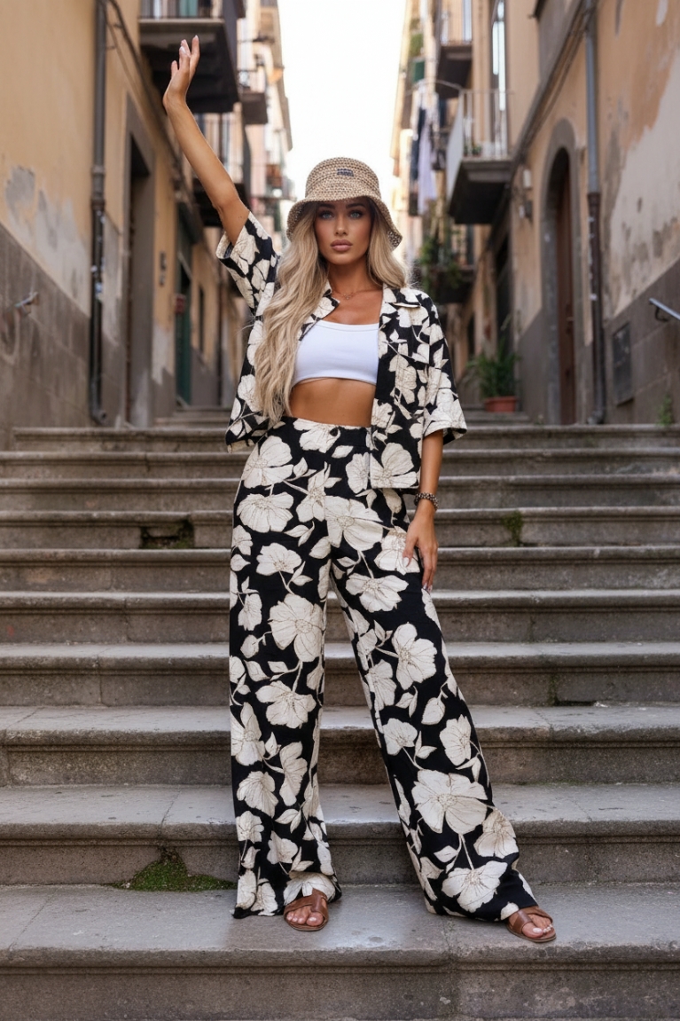 Σετ Πουκάμισο και Παντελόνι wide-leg φλοράλ - Μαύρο