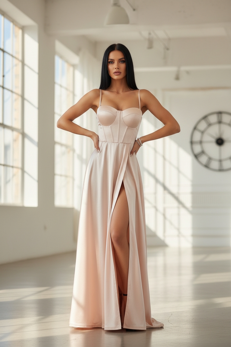 Mάξι Φόρεμα με Κορσέ Μπούστο & Σκίσιμο - Σαμπανιζέ